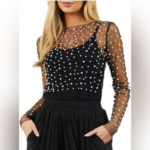 NWOT - Black Mesh Pearl Long Sleeve Top - Size Juniors XL